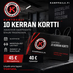 Kuntosali – 10 kerran kortti. Lahden Kamppailulajikeskuksen punamusta tuotekuva. Löydä oma tapasi treenata.