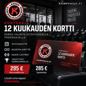 Kuntosali – 12 kuukauden kortti. Lahden Kamppailulajikeskuksen punamusta tuotekuva. Löydä oma tapasi treenata.