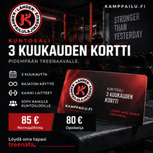 Kuntosali – 3 kuukauden kortti. Lahden Kamppailulajikeskuksen punamusta tuotekuva. Löydä oma tapasi treenata.