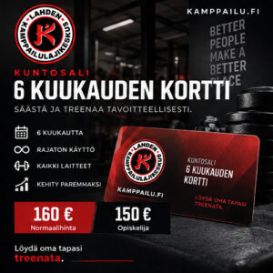Kuntosali – 6 kuukauden kortti. Lahden Kamppailulajikeskuksen punamusta tuotekuva. Löydä oma tapasi treenata.