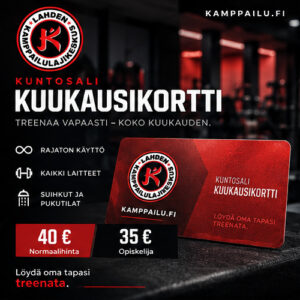 Kuntosali – kuukausikortti. Lahden Kamppailulajikeskuksen punamusta tuotekuva. Löydä oma tapasi treenata.
